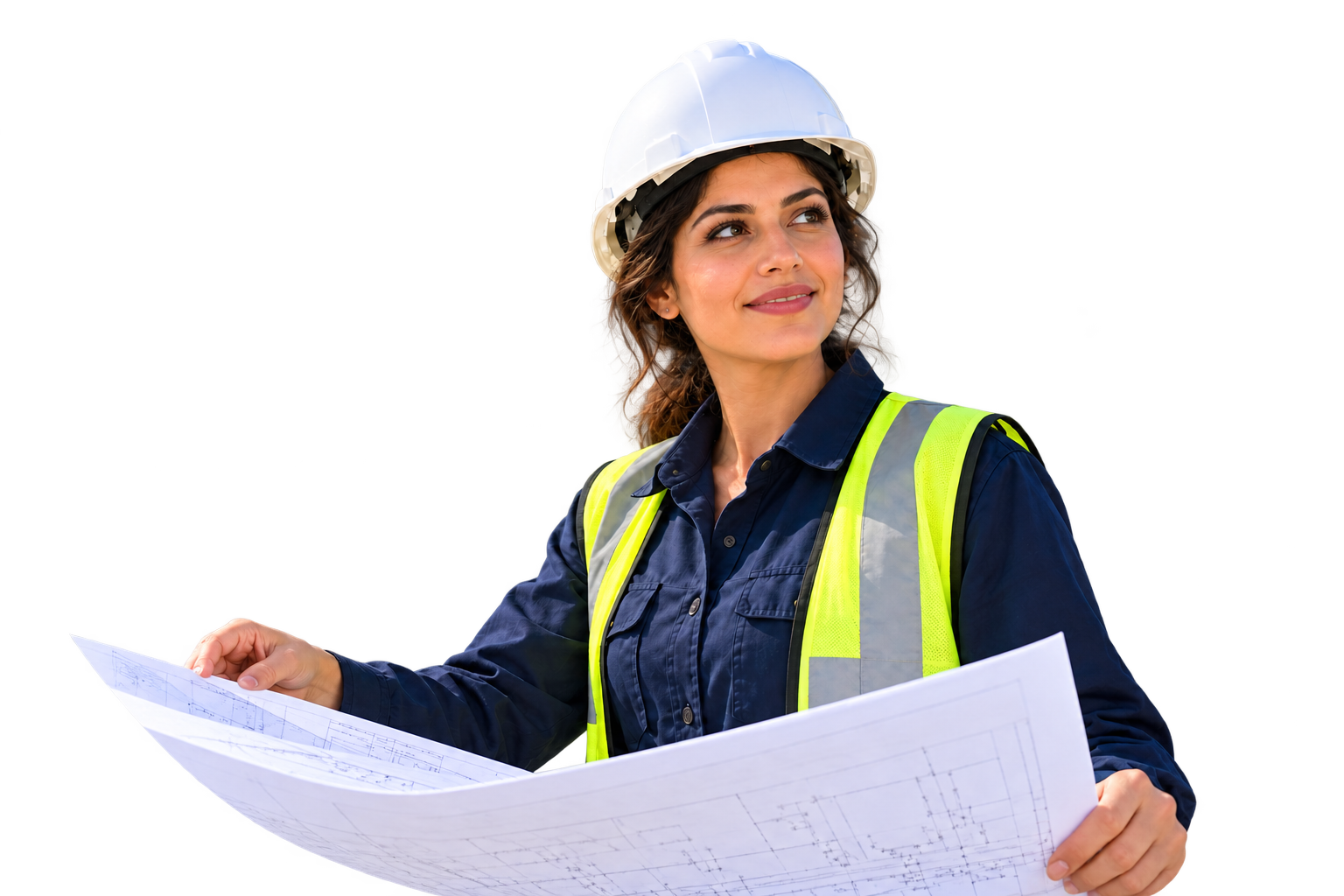 Illustrative young Egyptian female engineer wearing a safety helmet and reviewing engineering plans